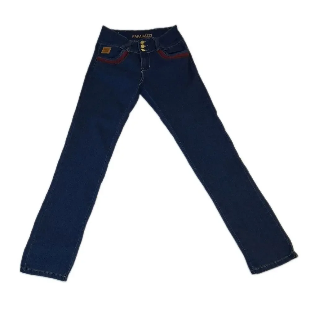 Paparazzi denim Jeans a triple-button high waist and distinctive red Trim